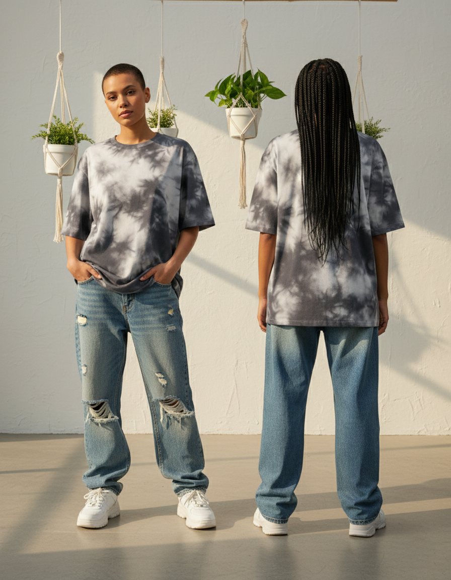 Unisex Tie-Dye Streetwear Oversized T-shirt - White & Black