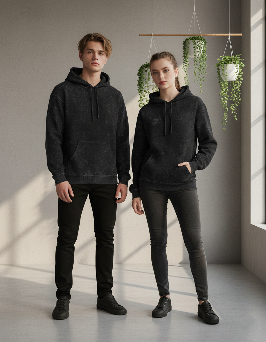 Unisex Acid Washed Hoodie - Black