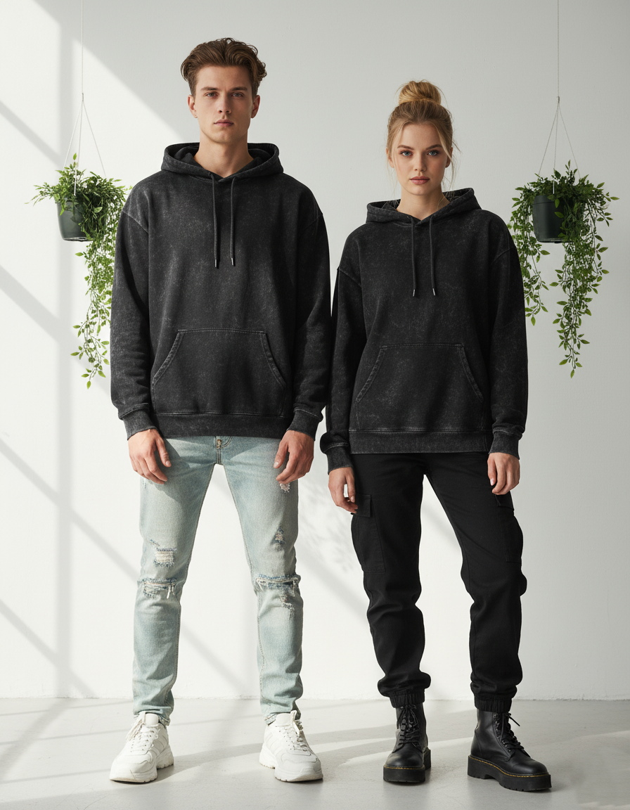 Unisex Acid Washed Hoodie - Black