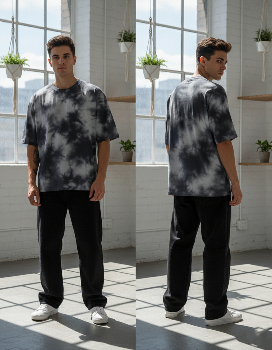 Unisex Tie-Dye Streetwear Oversized T-shirt - White & Black
