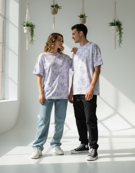 Unisex Tie-Dye Streetwear Oversized T-shirt - White & Lavender