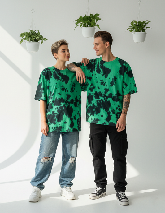Unisex Tie-Dye Streetwear Oversized T-shirt - Green & Black