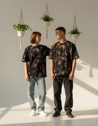 Unisex Tie-Dye Streetwear Oversized T-shirt - Brown & Black