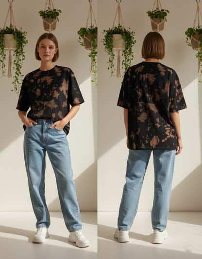 Unisex Tie-Dye Streetwear Oversized T-shirt - Brown & Black