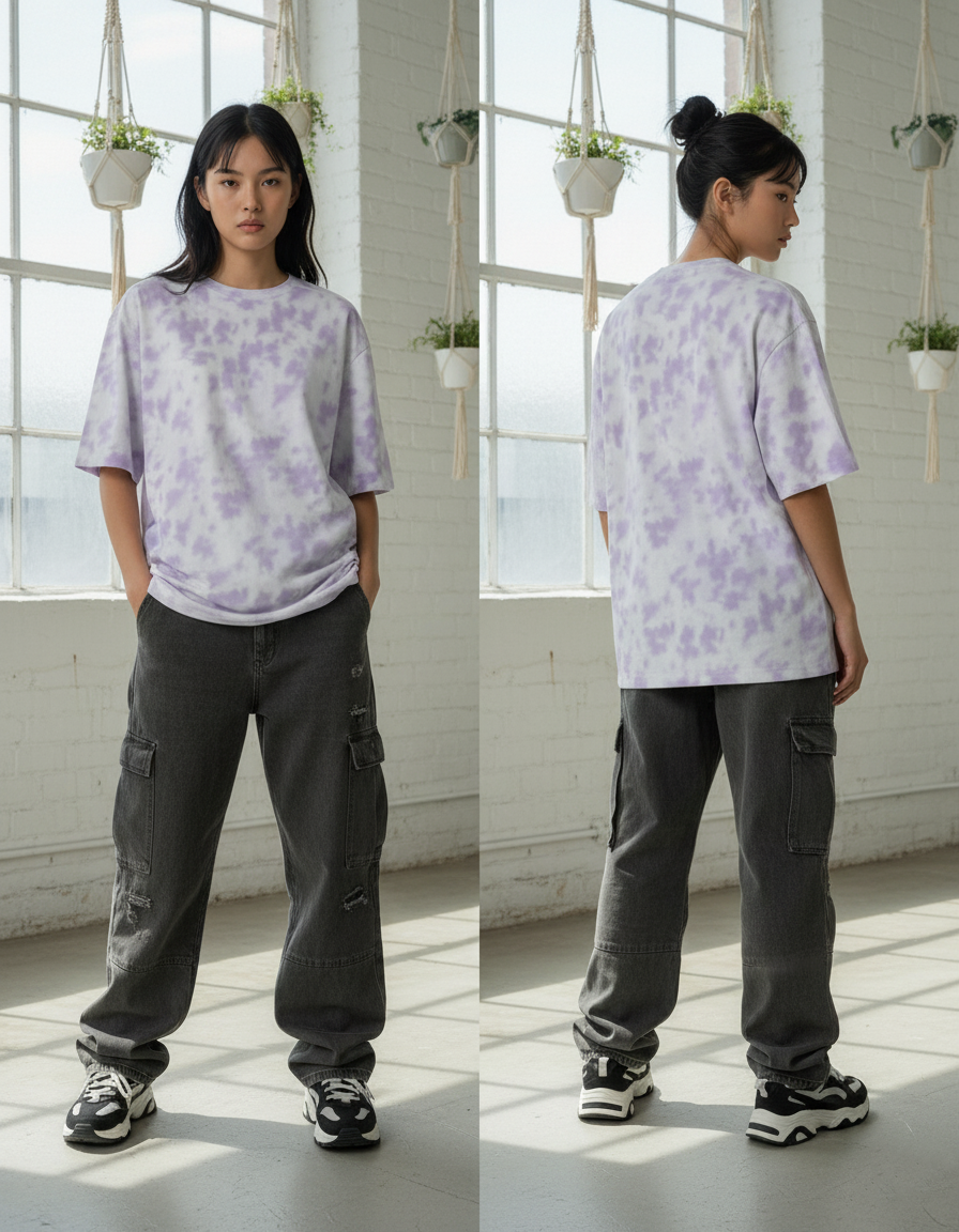 Unisex Tie-Dye Streetwear Oversized T-shirt - White & Lavender