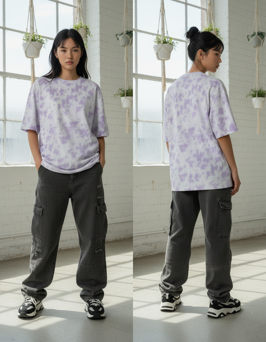 Unisex Tie-Dye Streetwear Oversized T-shirt - White & Lavender