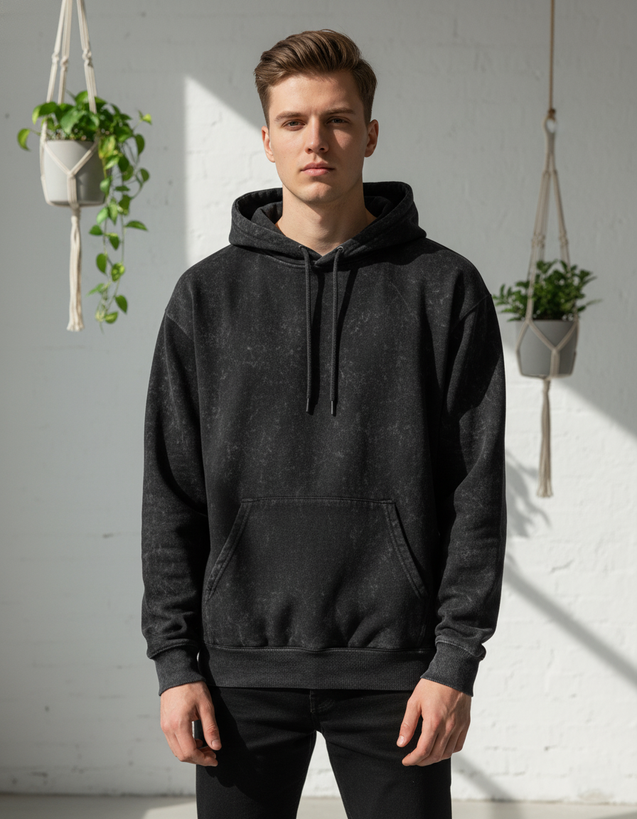 Unisex Acid Washed Hoodie - Black