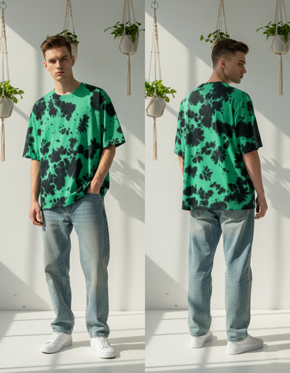 Unisex Tie-Dye Streetwear Oversized T-shirt - Green & Black